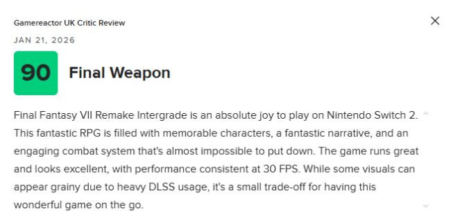 《最终幻想7：重制版》NS2版M站均分89分：移植游戏的最佳范例！