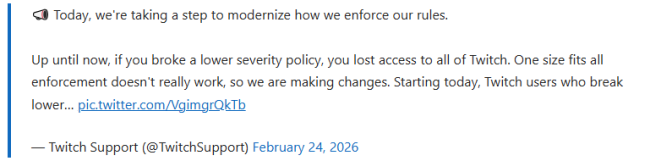 游戏直播平台Twitch公布违规封禁新规 惩罚限制放缓