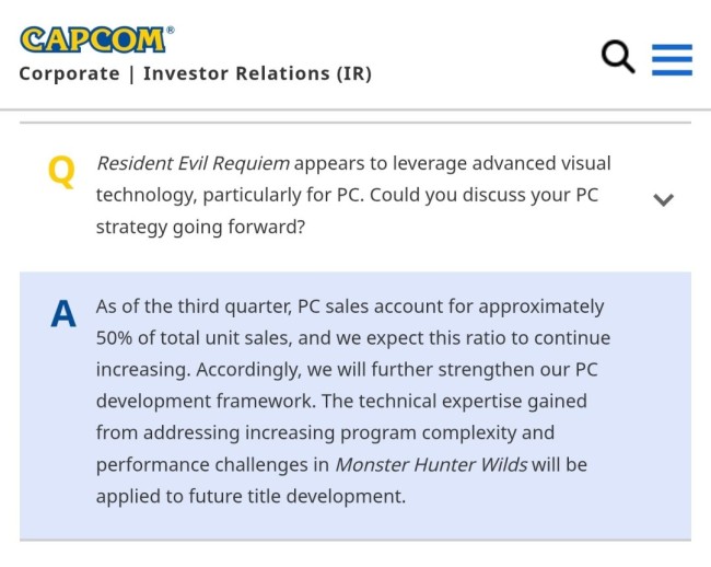 Capcom：PC平台销量占了总销量的50% 预计这一比例将继续增长