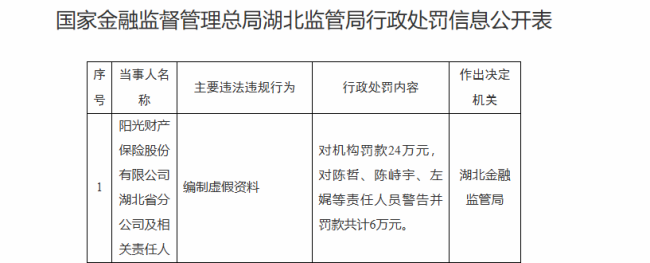 阳光财险湖北省分公司因编制虚假资料被罚款24万元