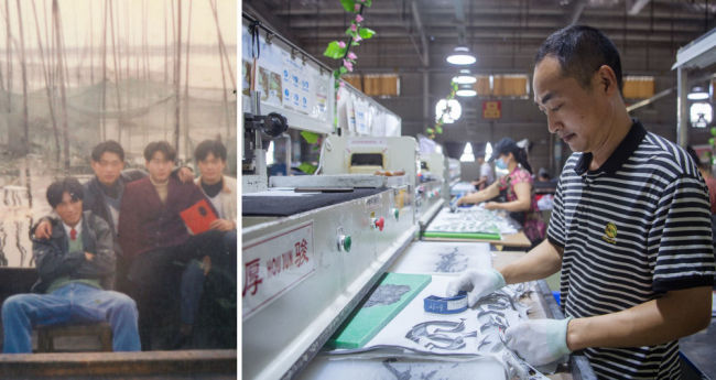 拼版照片：左图为1998年，湖北洪湖渔民陈玉祥（左一）与朋友在船上（资料照片）；右图为2023年7月21日，陈玉祥在湖北洪湖一家鞋业公司工作（新华社记者 伍志尊 摄）。陈玉祥曾经在洪湖里整日与渔网、船桨为伴，住船屋、守围网、养螃蟹、捕鱼虾。2017年，陈玉祥一家响应号召上岸，他用购房补贴、扶贫搬迁补偿和政府收购渔船的钱购置了住房，告别了在船屋上风吹雨淋的生活。后来在当地政府的帮助下，陈玉祥接受职业培训后到一家鞋业公司工作。新华社发