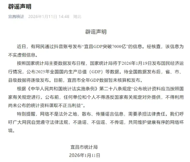 有网民发布"宜昌GDP突破7000亿"的信息 宜昌统计局辟谣