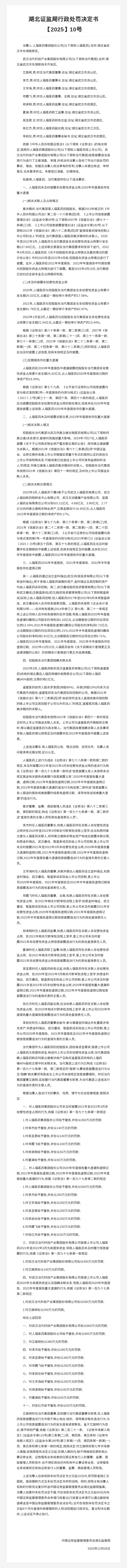 武汉当代科技被罚900万元 人福医药被罚850万元 责任人共被罚1920万元