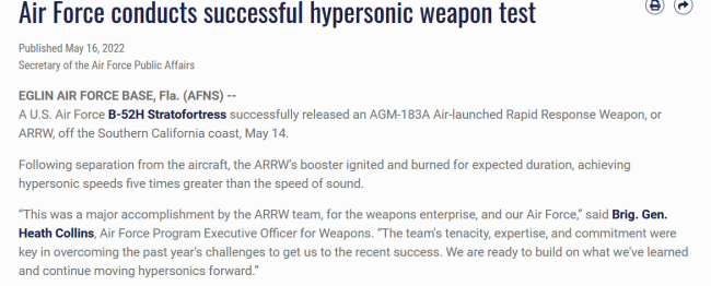 失败三次后 美国AGM-183A空射高超声速武器终于试射成功