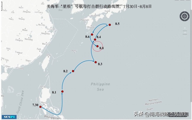 里根号航母行动轨迹，向南移动140海里，或要返回台海地区？