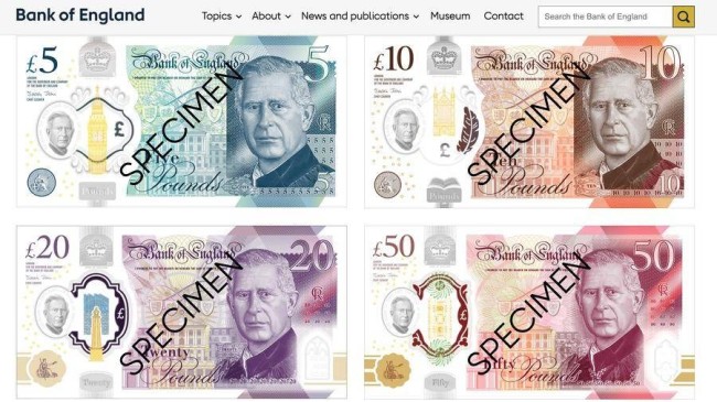 英国央行公布首批改换查尔斯三世头像的纸币 预计2024年中期投入使用