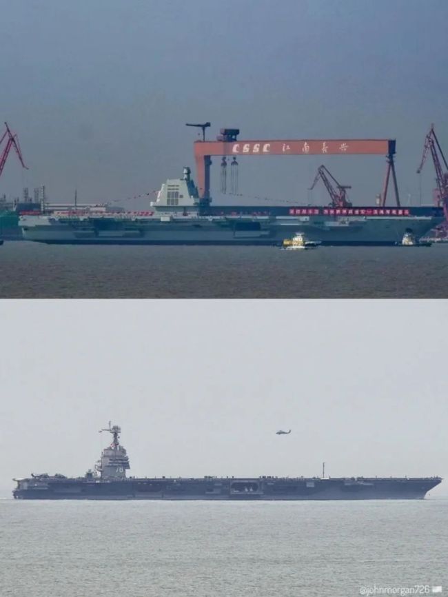 中国003型航母“福建”舰（上）与美国福特级航母“福特”号（下）对比图