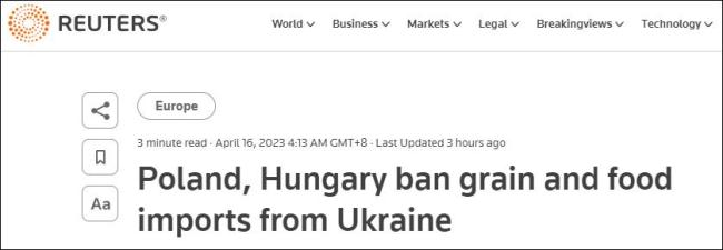 波兰、匈牙利禁止乌克兰农产品进口，乌方回应