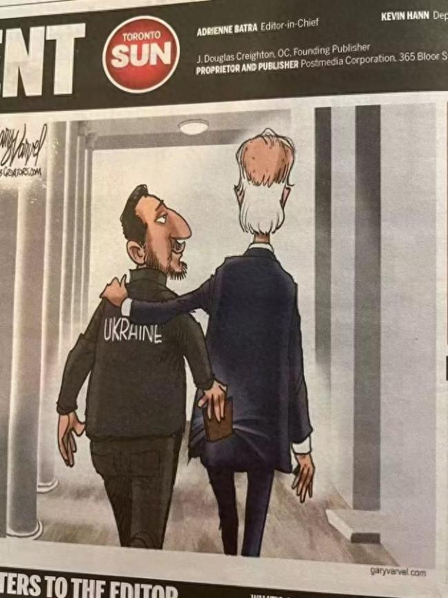 rt称,《多伦多太阳报》20日刊登"泽连斯基从拜登裤兜掏钱包"讽刺漫画.