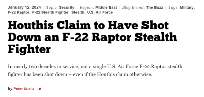 “胡塞击落F-22！”五角大楼紧张了半天