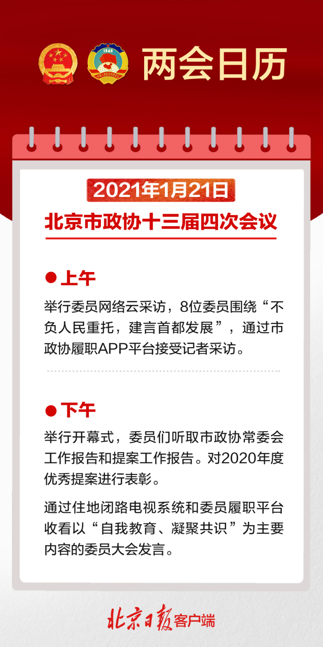 两会日历：北京市政协十三届四次会议下午开幕