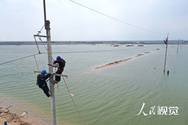 2021年7月12日，受强对流天气影响，山东省滨州市沿海地区遭遇龙卷风袭击，国网滨州供电公司的工作人员正在抢修电力设施。