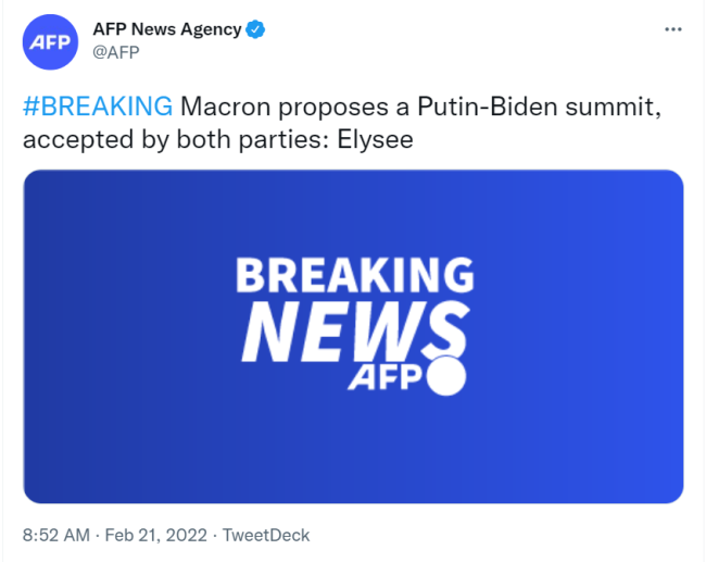 马克龙提议举行普拜会 俄美接受 白宫：拜登准备“随时”与普京会面