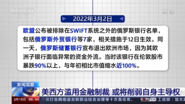 美西方滥用金融制裁 或将削弱自身主导权