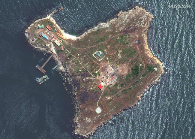 當地時間2022年5月12日，衛星圖像顯示黑海水域蛇島及周邊景象。