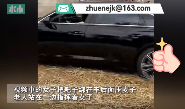 女子开豪车回家帮长辈压麦子，老人拿耙子站一旁指挥：麦比汽油贵