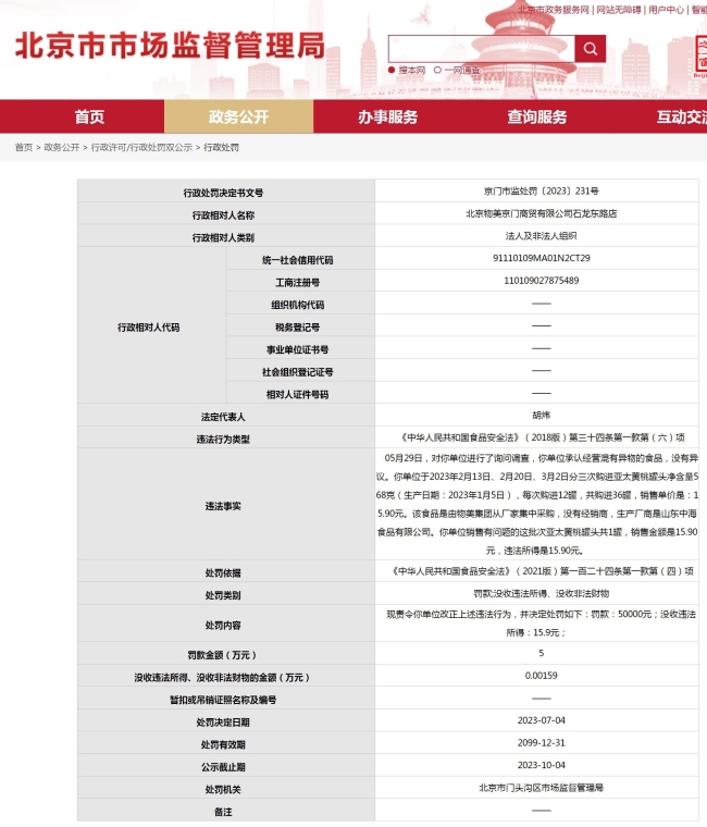 北京物美一门店被罚50000元：经营混有异物罐头