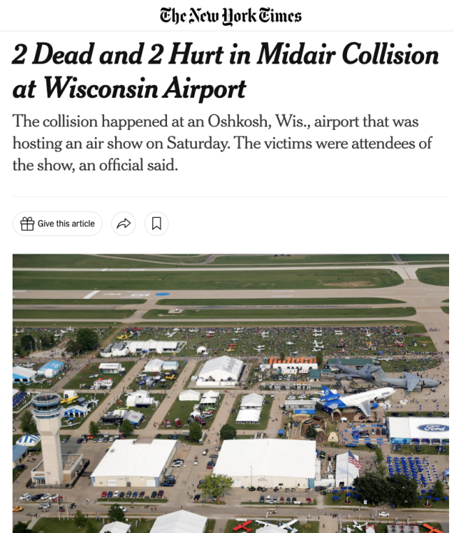 美国航展发生致命事故！两架小型飞机空中相撞致2死2伤