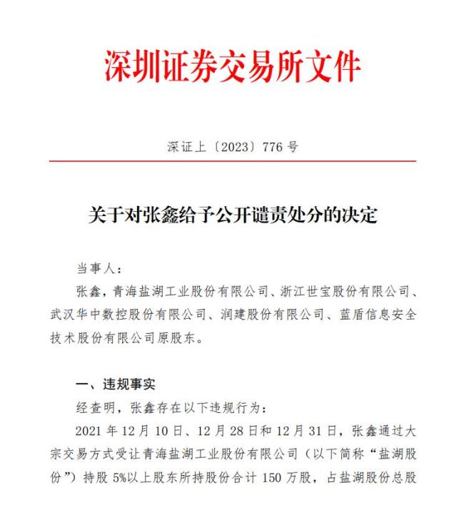 张鑫被深交所公开谴责处分 究竟干了什么被点名批评