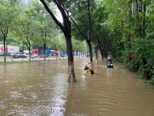 广州番禺局部出现大暴雨，积水严重，车辆被泡