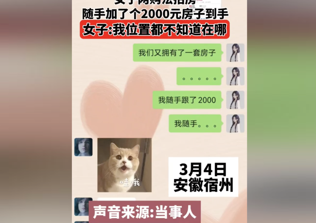 女子网购法拍房 随手加了2000到手：位置我都不知道在哪