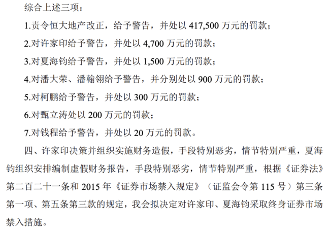 恒大地产被罚41.75亿元，并对许家印、夏海钧采取终身证券市场禁入措施