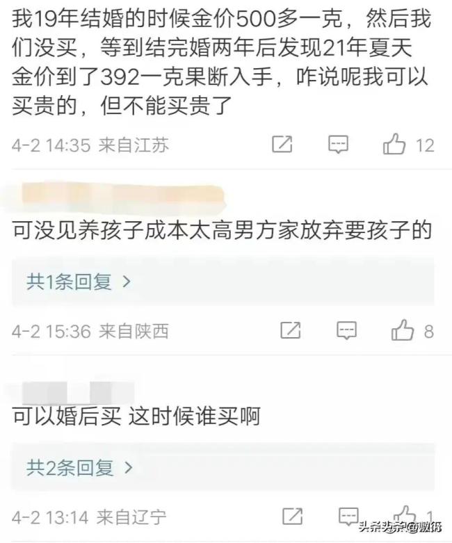 男朋友说金价太高结婚时不买三金 网友：现在买确实不划算啊