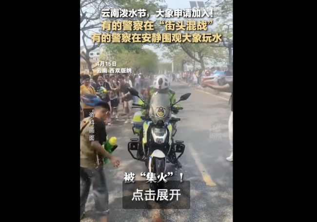 云南泼水节警察围观大象玩水 庆城融媒现场直击