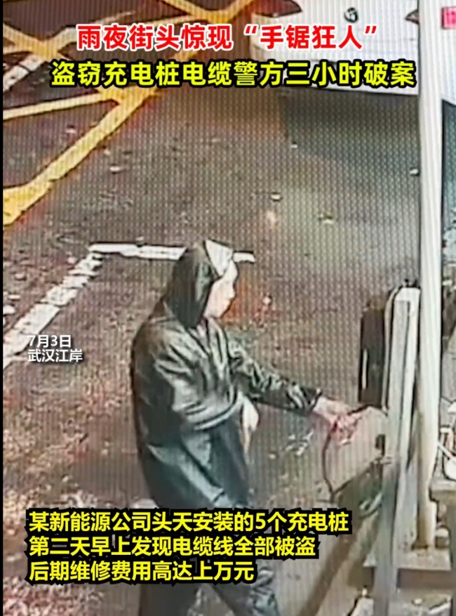 男子深夜雨中盗窃充电桩电缆被抓获 武汉警方3小时破案！