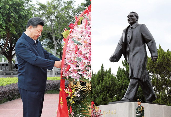 2020年10月14日，习近平总书记向深圳莲花山公园邓小平同志铜像敬献花篮。