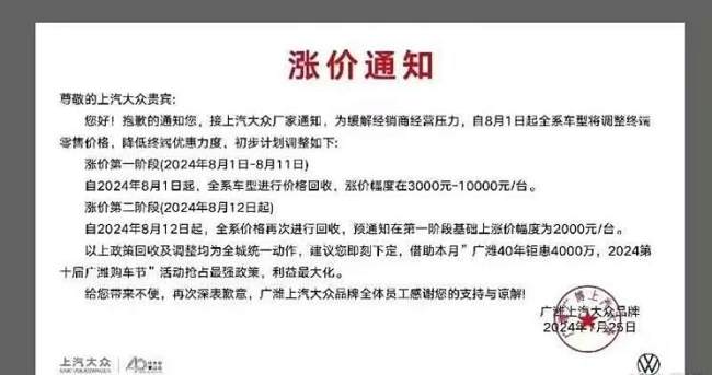 上汽大众多款车型降幅翻倍 经销商涨价通知引热议