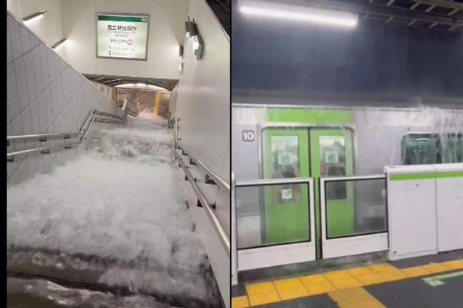 东京大雨破纪录：地铁站漏雨如瀑布 —— 城市内涝严峻