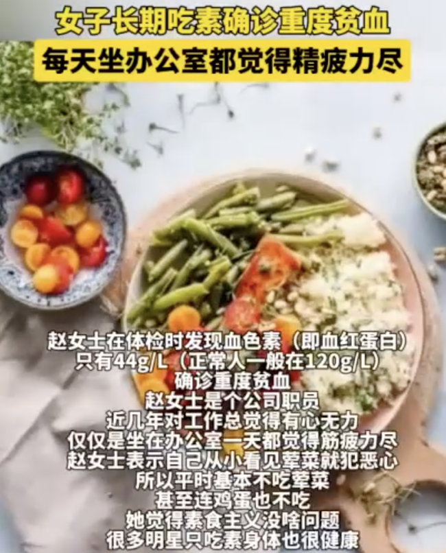 女子长期吃素确诊重度贫血 饮食失衡引关注