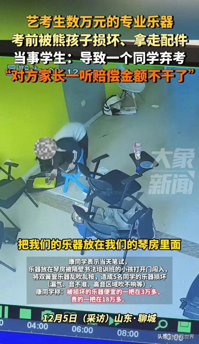 熊孩子弄坏艺考生价值十几万的乐器