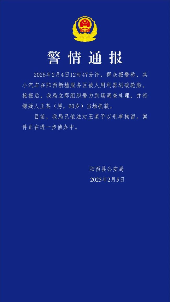 一男子在服務(wù)區(qū)劃破他人輪胎被刑拘 嫌疑人當(dāng)場(chǎng)被抓