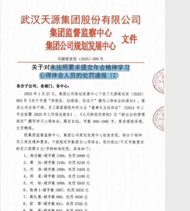 官方回应381名员工写总结被罚款