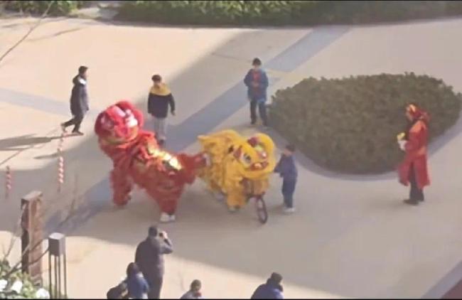 小孩哥的自行車被“獅子”騎走了 舞獅表演添趣聞