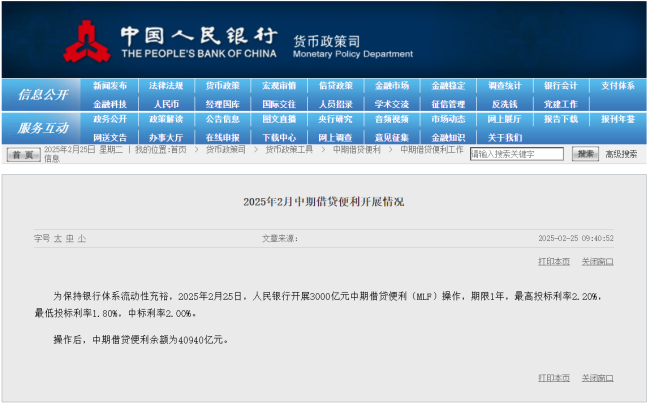 央行開展1年期MLF操作3000億元 利率持平