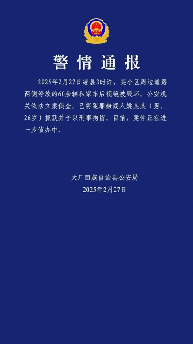 河北通報(bào)60余輛私家車后視鏡被毀