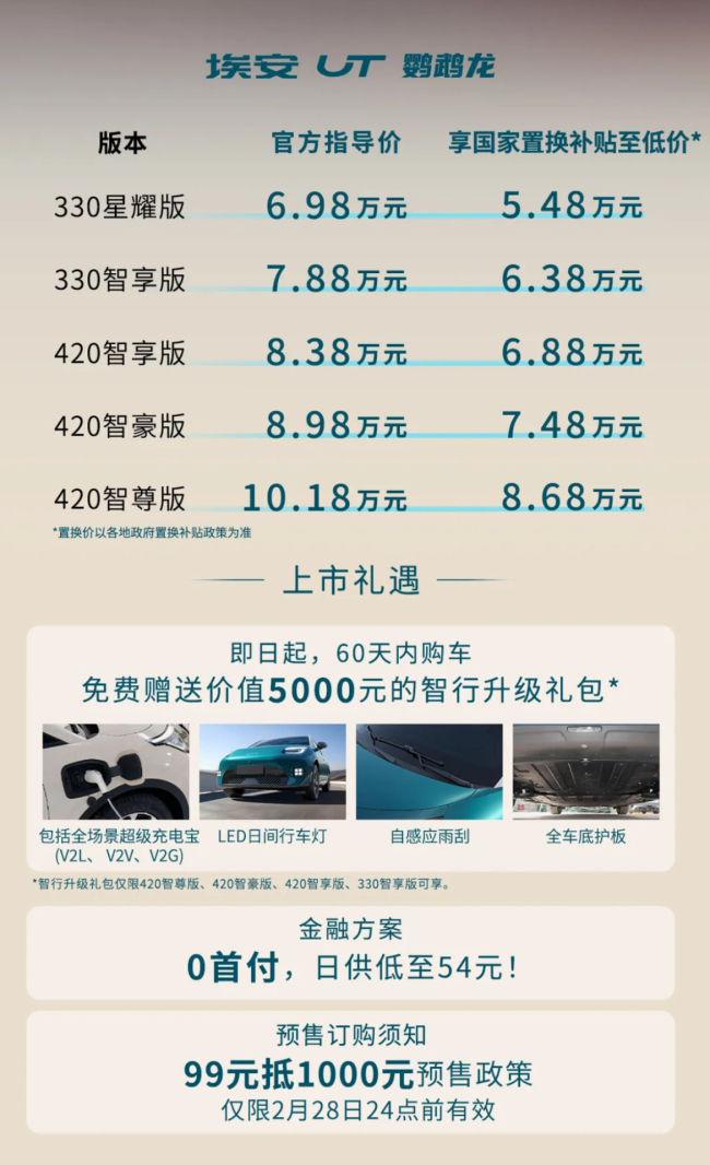 埃安AION UT售6.98萬(wàn)起 五款車型豐富選擇