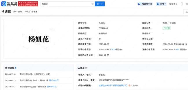 楊妞花已將名字注冊成商標 直播帶貨引關(guān)注