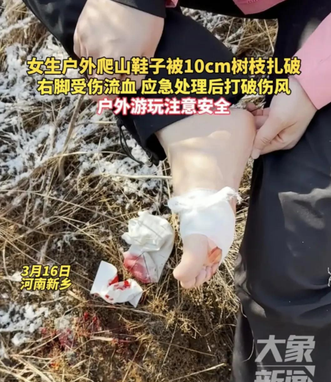 女生爬山鞋子被10cm樹(shù)枝扎破