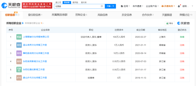 任嘉倫名下僅1家公司存續(xù) 其余均已注銷