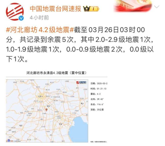凌晨，突发4.2级地震！震中距北京55公里！余震屡次