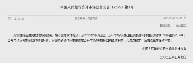 央行將公開市場7天期逆回購利率調降至1.4% 加力支持實體經濟