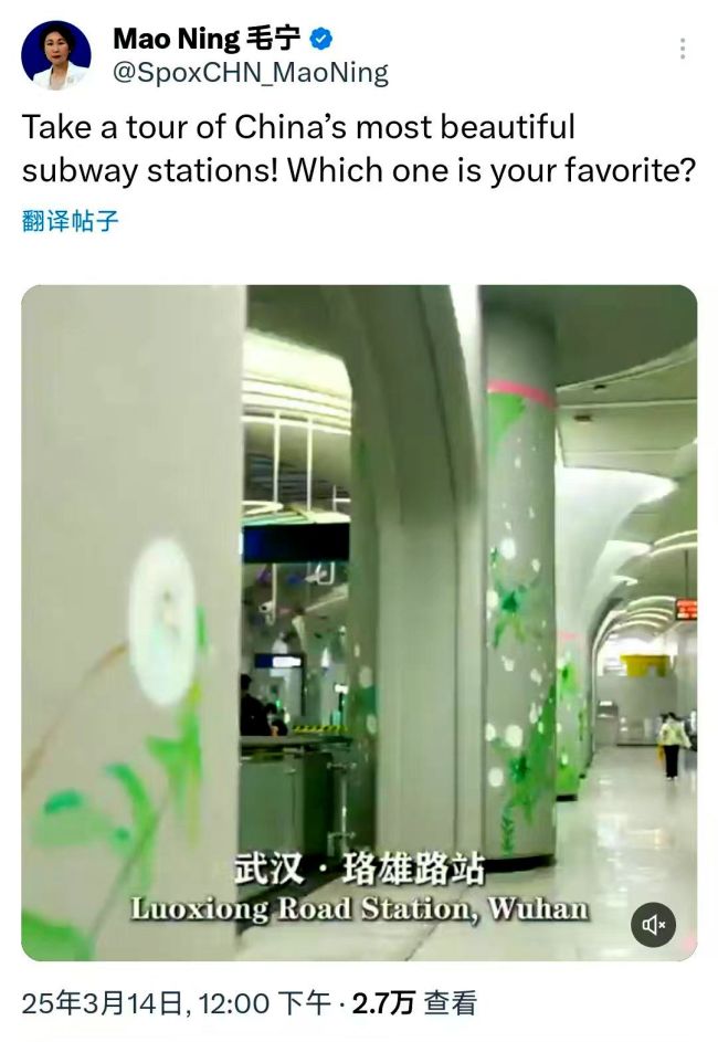 外交部打call中國(guó)最美地鐵站 武漢地鐵站頻獲點(diǎn)贊