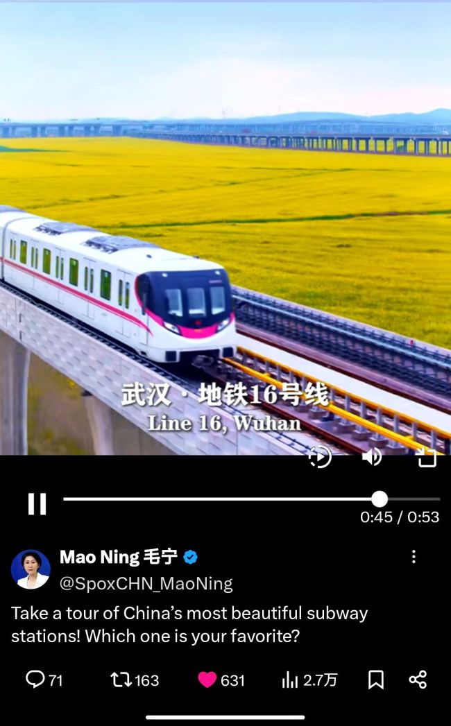 外交部打call中國最美地鐵站 武漢地鐵站頻獲點(diǎn)贊