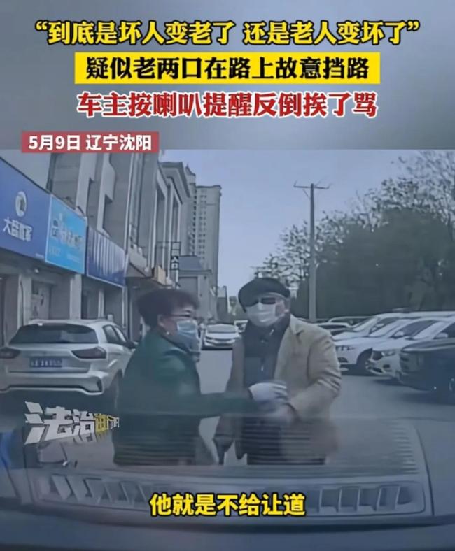 老兩口疑故意擋路還罵提醒的車(chē)主 推著輪椅走在路中間