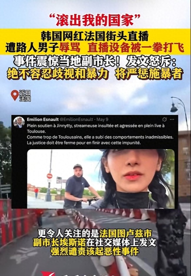 韓國(guó)網(wǎng)紅在法國(guó)直播遭路人男子拳擊