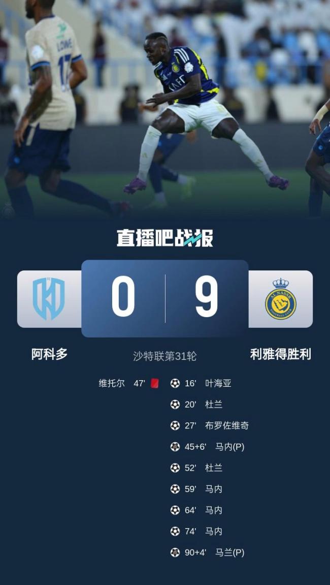 利雅得勝利9-0狂勝十人阿科多 馬內(nèi)大四喜閃耀賽場